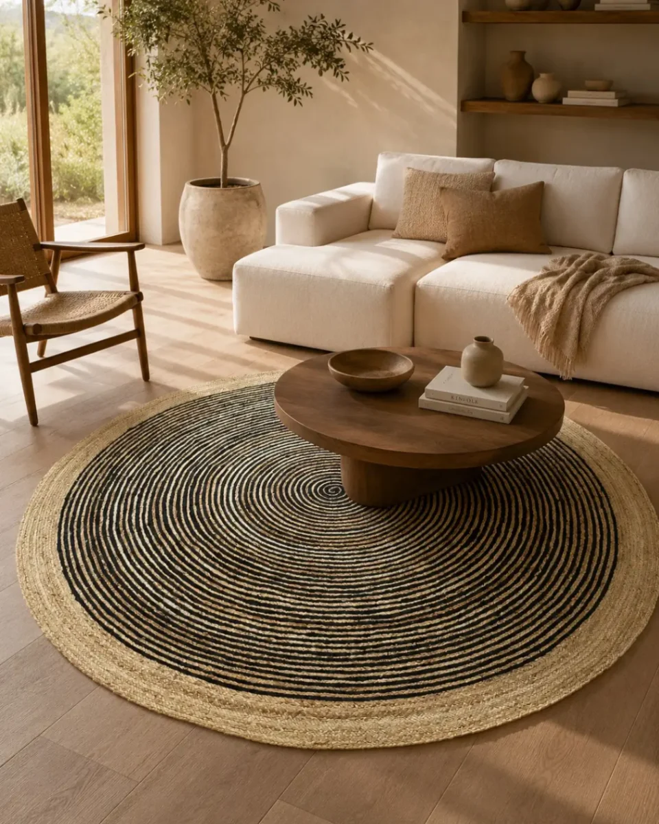 Black Spiral & Natural Jute Border Rug