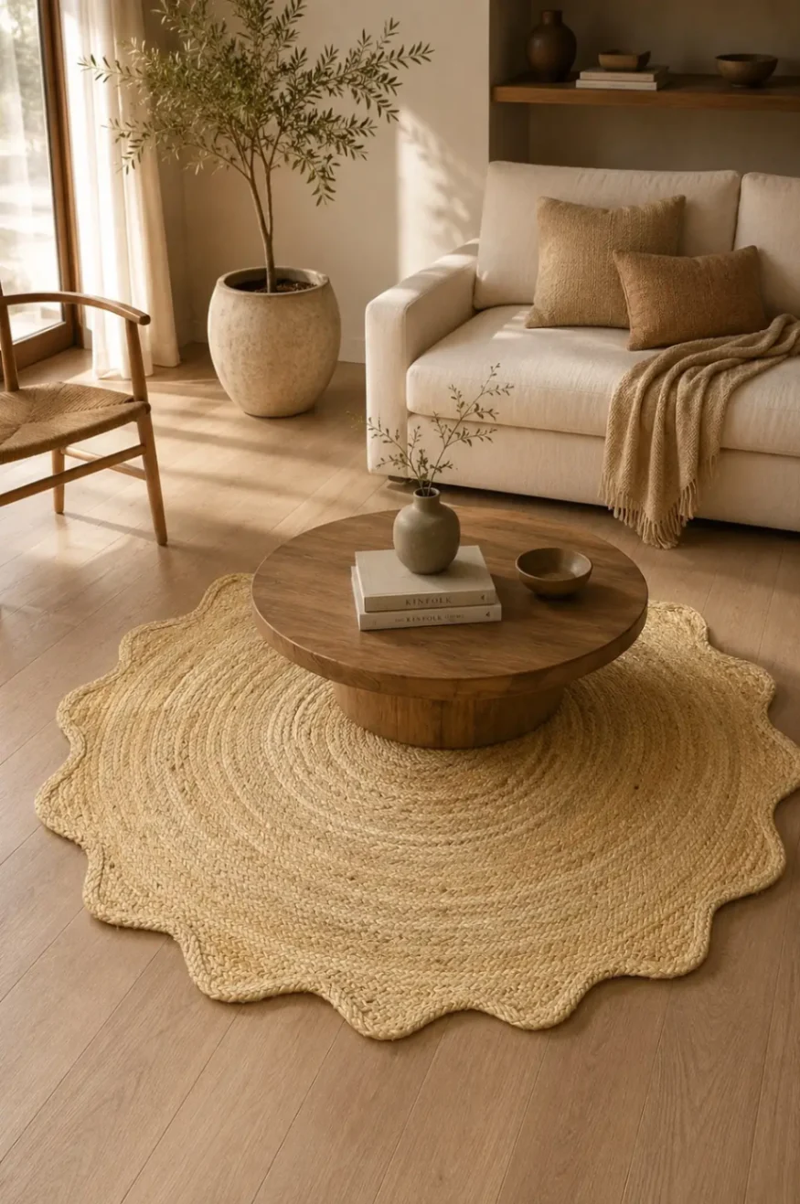 Solid Natural Jute Petal Edge Rug