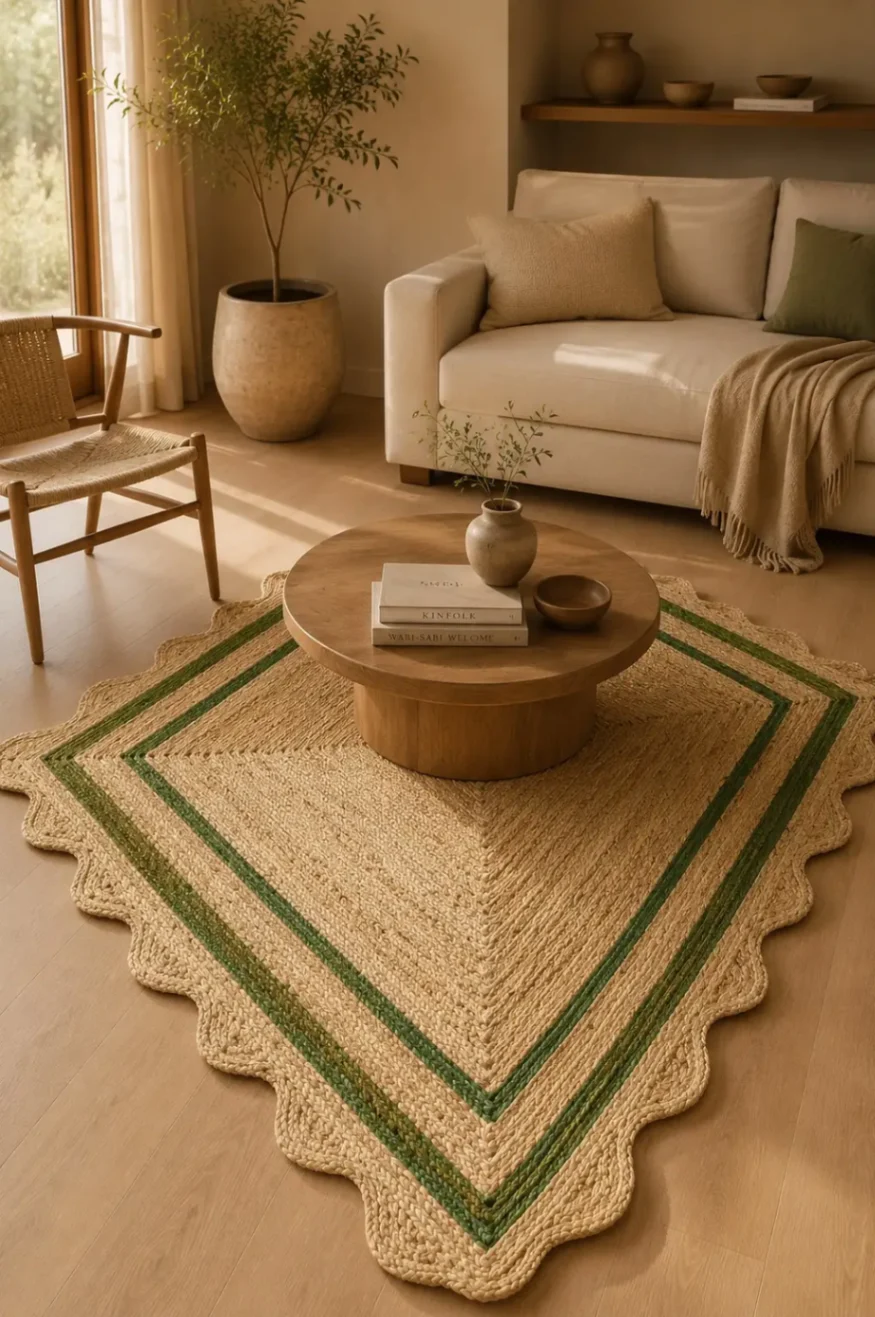Green Wavy Edge Diamond Weave Jute Rug